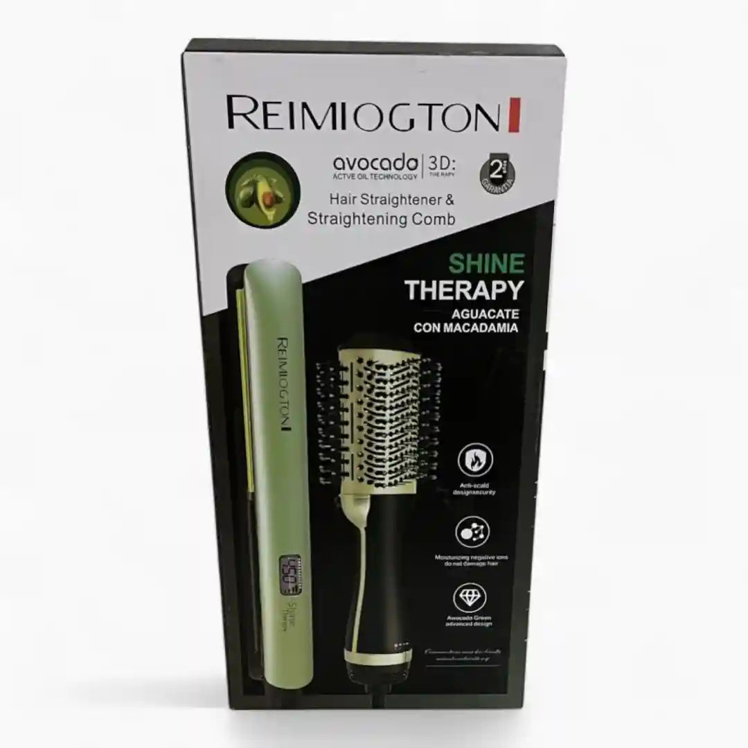 Combo Plancha + Cepillo Secador Remington Shine Therapy – Aguacate con Macadamia